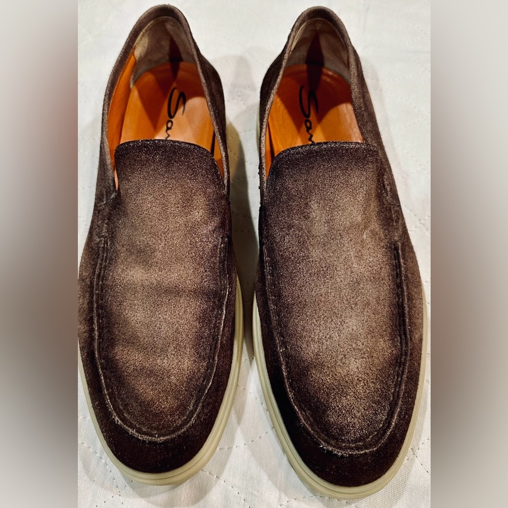 SANTONI Brown Leather Suede Loafers, Size 9, EU 42, Barely Worn, Clean